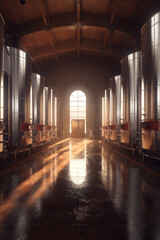 Poster - A wine fermentation room, with large stainless steel tanks and the aroma of fermenting grapes filling the air Generative AI technology