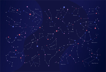 Wall Mural - Different versions of zodiacal constellations on deep blue. Set of vector illustrations EPS 10.