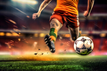 Wall Mural - Soccer player with ball ,The focus should be on the player's foot and the ball, with motion blur in the background ai generated art Generative AI