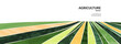 Agriculture farm green banner. Organic abstract field background. Wavy green lines, advertising backdrop, web header. Ecology wallpaper. Striped textured pattern. Panoramic meadow view, abstract hill