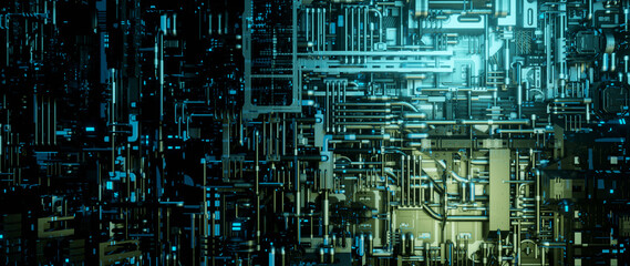 Wall Mural - Abstract high tech digital technology background made of circuits pipes and metallic plates 3D Render