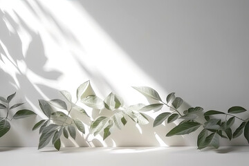 Wall Mural - Minimal abstract background for product presentation. Shadow of plant leaves and curtains, white wall and green plant. made with Generative AI