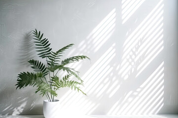 Wall Mural - Minimal abstract background for product presentation. Shadow of plant leaves and curtains, white wall and green plant. made with Generative AI