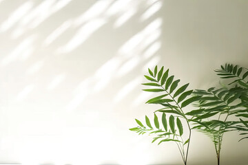 Wall Mural - Minimal abstract background for product presentation. Shadow of plant leaves and curtains, white wall and green plant. made with Generative AI