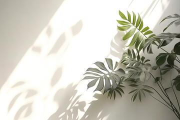 Wall Mural - Minimal abstract background for product presentation. Shadow of plant leaves and curtains, white wall and green plant. made with Generative AI