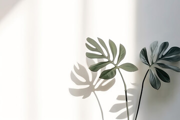 Wall Mural - Minimal abstract background for product presentation. Shadow of plant leaves and curtains, white wall and green plant. made with Generative AI
