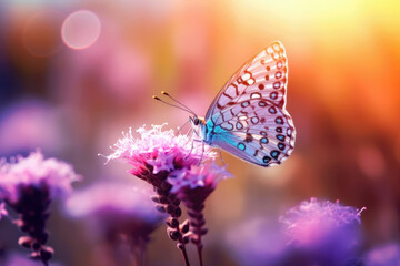 Wall Mural - Beautiful blurred background with butterfly and flowers, pastel colors, sunset, light, bokeh. Romantic illustration made with Generative AI