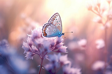 Wall Mural - Beautiful blurred background with butterfly and flowers, pastel colors, sunset, light, bokeh. Romantic illustration made with Generative AI