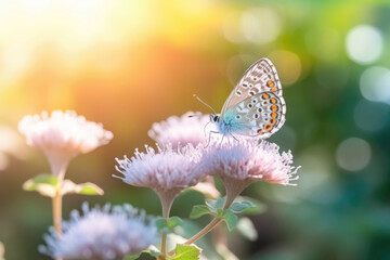 Wall Mural - Beautiful blurred background with butterfly and flowers, pastel colors, sunset, light, bokeh. Romantic illustration made with Generative AI