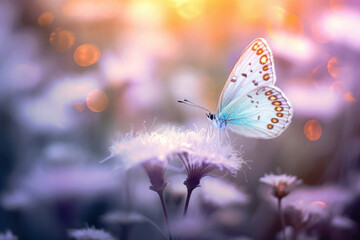 Wall Mural - Beautiful blurred background with butterfly and flowers, pastel colors, sunset, light, bokeh. Romantic illustration made with Generative AI