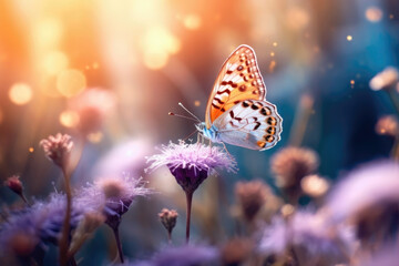 Wall Mural - Beautiful blurred background with butterfly and flowers, pastel colors, sunset, light, bokeh. Romantic illustration made with Generative AI