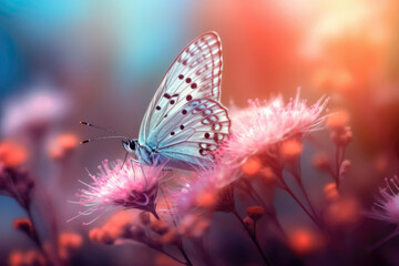 Wall Mural - Beautiful blurred background with butterfly and flowers, pastel colors, sunset, light, bokeh. Romantic illustration made with Generative AI
