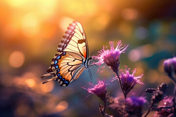 Wall Mural - Beautiful blurred background with butterfly and flowers, pastel colors, sunset, light, bokeh. Romantic illustration made with Generative AI