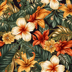  Tropical Flower leaves Hawaiian pattern Seamless Pattern, generative AI