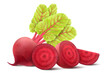 Beetroot isolated on white background. Fresh red beetroot whole, half, quarters and slices with leaves. Realistic 3d vector illustration of vegetarian food. Delicious food for salad, soup, borscht.