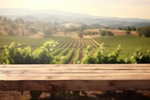 An Empty Wooden Table For Product Display. Blurred French Vineyard In The Background. Generative AI.