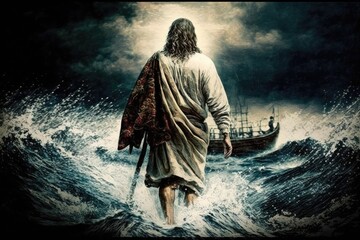 Jesus Christ walking on water on the sea of Galilee. Generative AI.