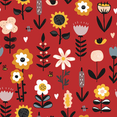Wall Mural - Cute hand drawn flowers, hearts, and birds on red background. Vector seamless pattern. Nursery or rustic Scandinavian style.
