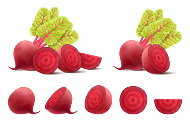 Wall Mural - beetroots isolated on white background. fresh red beetroot whole, half, quarters and slices with lea
