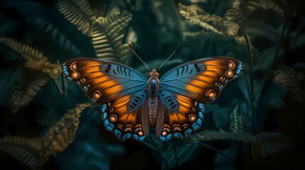 Colorful tropical butterfly on the leaves, against the background of the forest. Generative AI