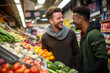 © fabioderby - Young gay interracial couple smiling in food market, relationship and lifestyle, generative AI person