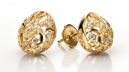 A pair of gold stud earrings with diamond stones on white background