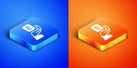 Poster - Isometric Hand holding Bitcoin icon isolated on blue and orange background. Blockchain technology, digital money market, cryptocoin wallet. Square button. Vector
