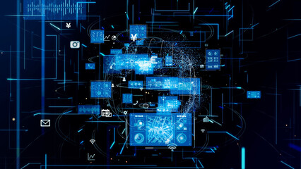 Poster - Electronic circuit in cyberspace. Digital transformation. Communication network.