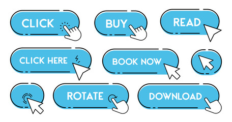 Aufkleber - Set of blue web buttons with click hand and arrow in a flat design