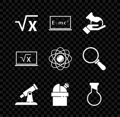 Set Square root of x glyph, Equation solution, Test tube and flask, Telescope, Astronomical observatory, and Atom icon. Vector