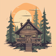 Vintage Wooden House Cabin In Pine Forest Mountain Logo Vector Illustration