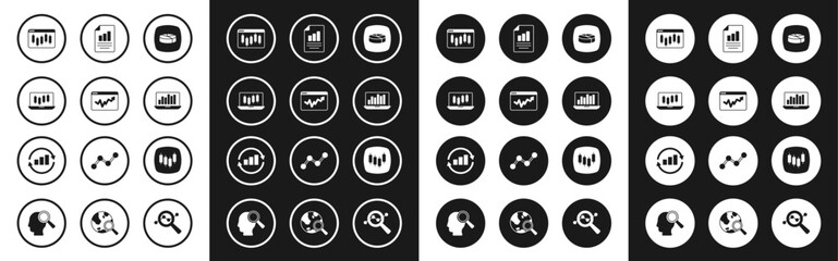 Sticker - Set Pie chart infographic, Graph, Stocks market growth graphs, Browser with stocks, Laptop, Document, and icon. Vector