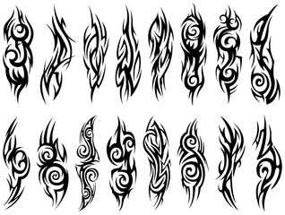 Wall Mural - Abstract tribal tattoo collection. Black silhouette illustration isolated on white element set.
