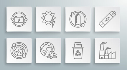 Sticker - Set line Planet earth and a recycling, Solar energy panel, Recycle bin with recycle symbol can, Factory, Recycling plastic bottle, Battery and icon. Vector