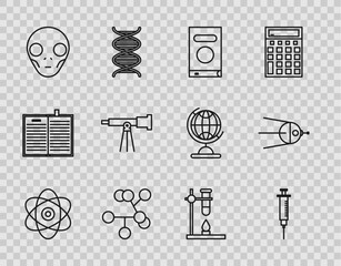 Set line Atom, Syringe, Book, Molecule, Extraterrestrial alien face, Telescope, Glass test tube flask on fire heater and Satellite icon. Vector