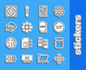 Poster - Set line Processor, Air headphones in box, Ar, augmented reality, 3D printer, Internet of things, Computer cooler and Hard disk drive HDD icon. Vector