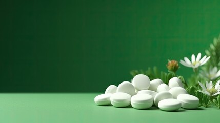 herbal natural pills and chamomile on green background with copy space, AI Generated. Generative AI