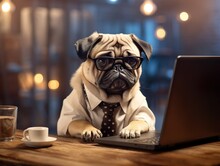 Adorable Pug Dog Boss Businessman Wearing Glasses T-shirt And Tie Working Hard In The Office Using Laptop. Generative Ai Technology.