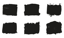 Square Brush Stroke Paint Texture, Dirty Ink Black Background Set. Abstract Brushstroke For Banner, Grungy Paintbrush Rectangle Stamp. Abstract Design Graphic Element. Isolated Vector Illustration