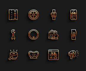 Sticker - Set line Bicycle bell, punctured tire, lane, rental mobile app, head lamp, wheel, Plaster on leg and Gloves icon. Vector