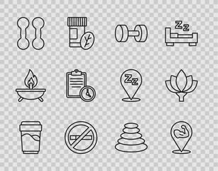 Sticker - Set line Glass with water, Bodybuilder muscle, Dumbbell, No Smoking, Sport training program, Stack hot stones and Lotus flower icon. Vector