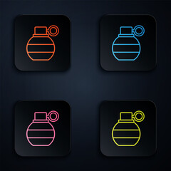 Poster - Color neon line Hand grenade icon isolated on black background. Bomb explosion. Set icons in square buttons. Vector