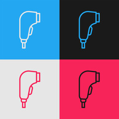 Poster - Pop art line Scanner scanning bar code icon isolated on color background. Barcode label sticker. Identification for delivery with bars. Vector