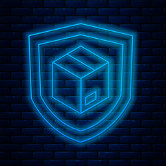 Canvas Print - Glowing neon line Delivery security with shield icon isolated on brick wall background. Delivery insurance. Insured cardboard boxes beyond the shield. Vector