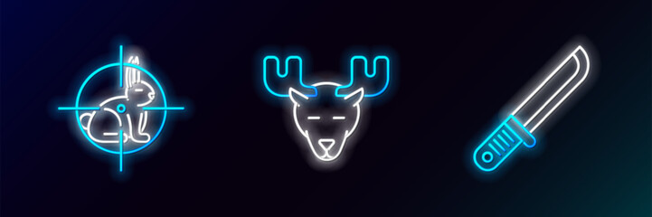 Wall Mural - Set line Hunter knife, on rabbit with crosshairs and Moose head horns icon. Glowing neon. Vector