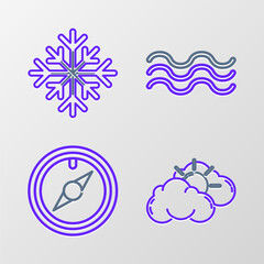 Canvas Print - Set line Sun and cloud weather, Wind rose, Waves and Snowflake icon. Vector