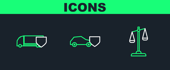 Poster - Set line Scales of justice, Delivery cargo truck with shield and Car icon. Vector