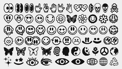 Poster - Set Of Pixel Smile Emoticons. Cool Collection Of Y2K Graphics. Acid Rave Abstract Geometric Shapes Vector Design. Retrofuturism Graphics.