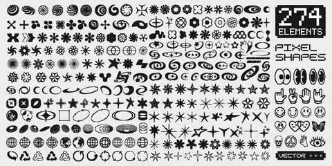 Poster - Set Of Retro Pixel Elements. Cool Collection Of Y2K Graphics. Acid Rave Abstract Geometric Shapes Vector Design.