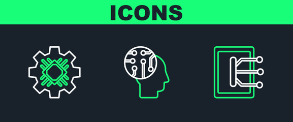 Poster - Set line Tablet, Processor and Human brain as digital circuit board icon. Vector